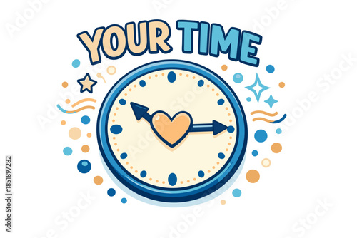 Colorful clock design with heart-shaped hands and 'your time' text
