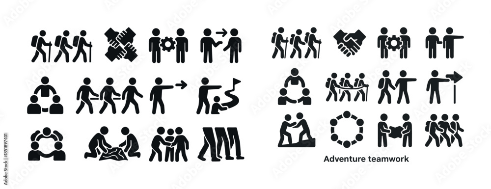 Fototapeta premium Black silhouette icons of teamwork and collaboration activities