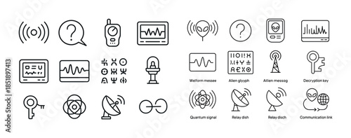 Communication icons set: waveforms, signals, satellites, and enc