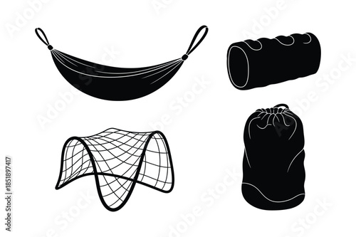 Outdoor Camping Gear and Sleeping Equipment Silhouette Set