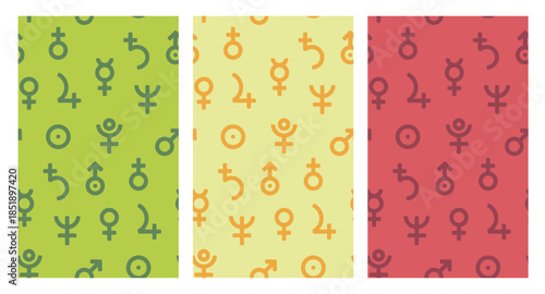 Seamless abstract patterns with astrological and gender symbols in green, yellow, and red color palettes. Modern geometric background for textiles, branding, wallpapers, and packaging.