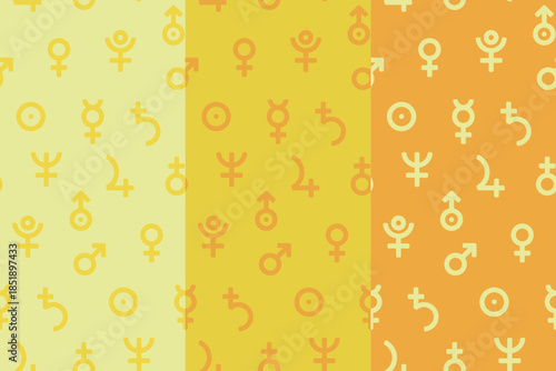 Seamless abstract pattern with astrological and gender symbols in warm yellow tones. Modern flat design background for textiles, wallpapers, branding, packaging and digital projects.