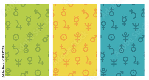 Minimalist abstract seamless patterns with astrological and planetary symbols in green, yellow, and blue color palettes. Modern geometric background for prints, packaging, and digital design