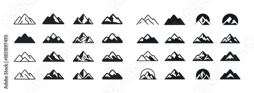Variety of mountain icons in black and white illustrations