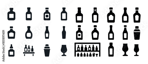 Diverse bottle icon set: collection of black and white beverage,