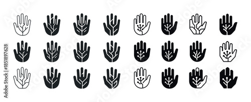Set of hand and tree icons in various styles and shades
