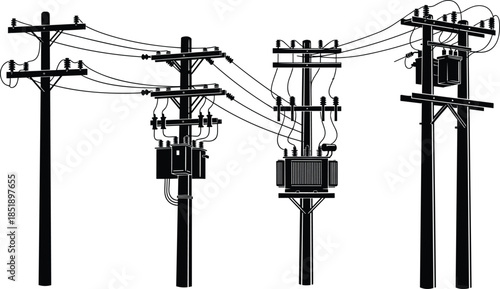 Black silhouette of electric power poles with transformers and transmission lines, utility infrastructure illustration for energy industry isolated on white background