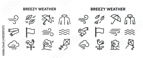 Breezy weather icons vector set with wind and autumn elements