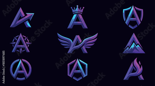 Stylized representations of letters, mountains, a compass, and abstract shapes.