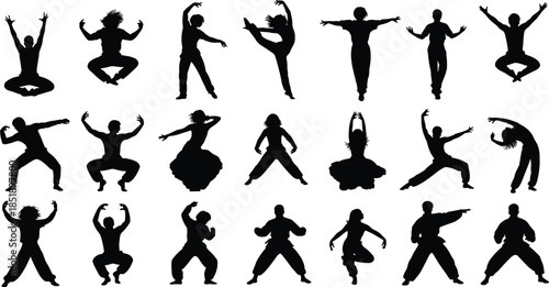 Collection of black and white dancer silhouettes featuring modern ballet performers, martial artists, and expressive athletes in dynamic motion for fitness and performance design
