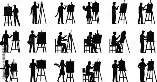 Collection of black and white artist silhouettes featuring painters with easels, palettes, and brushes in various creative poses for fine art and studio design