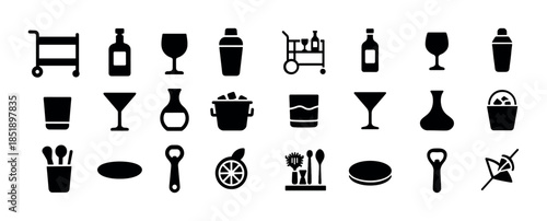 Bar tools and drinkware icons collection: glasses, shakers, buck