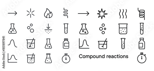 Chemical reaction icons: symbols of flasks, beakers, and graphs
