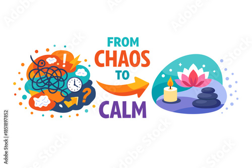 Transition from chaos to calm with mindfulness symbols and tranquil imagery