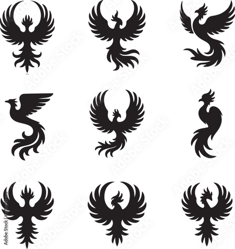 Collection of black phoenix silhouettes on transparent background
