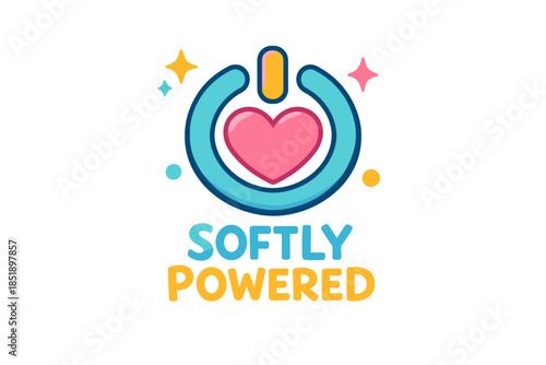 Softly powered logo with heart icon and colorful design elements