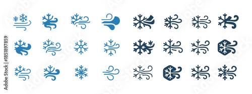 Collection of blue snowflake and wind icons in various styles an