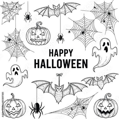 Happy Halloween Illustration with Bats Spiders and Pumpkins