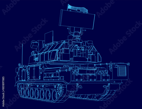 Detailed blueprint of a military tank on a blue background, featuring tracks, a turret, and an integrated anti-aircraft missile system.