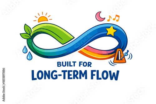 Colorful infinity symbol with sun, moon, music, nature, and long-term flow message