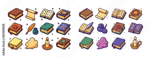 Magical books and scrolls collection with quills and candles