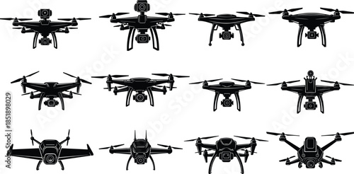 Drone silhouette collection, quadcopter UAV designs, aerial camera drones, black and white vector illustration set isolated on white background, modern technology