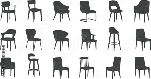 Collection of modern chair silhouettes and furniture icons set, including dining chairs, armchairs, and bar stools for interior design layouts isolated on white background