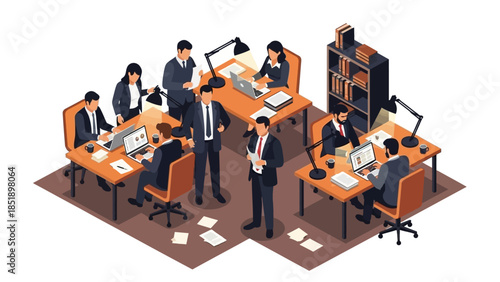 An isometric illustration captures a dynamic modern office environment, showcasing diverse business professionals collaborating, discussing, and diligently working.