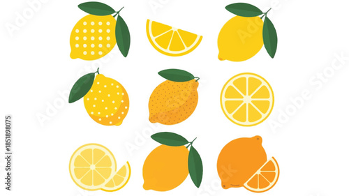 Minimalist lemon illustrations arranged in a 3x3 grid, flat vector style, clean lines, soft yellow tones, modern design on white background