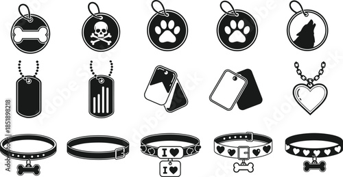 Set of pet identification icons including dog collars, name tags, bones, paw prints, and heart charms isolated on white for domestic animal designs,