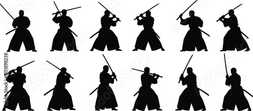 Set of samurai warrior silhouettes in various traditional Japanese kendo martial arts poses, katana sword fighter stances isolated on white background for design.