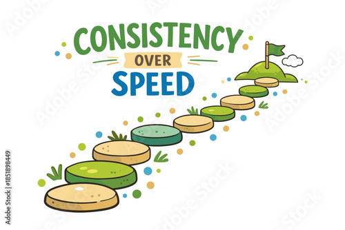 Consistency over speed: cartoon path with stepping stones and flag