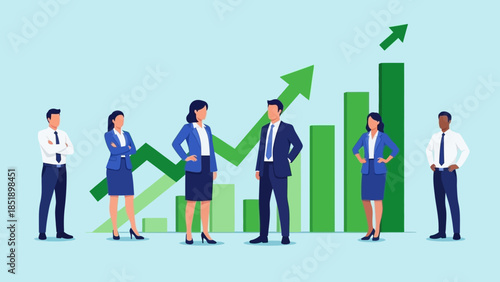 A diverse team of professionals stands confidently before a dynamic green bar chart and upward arrow, symbolizing successful business growth and collaborative achievement.