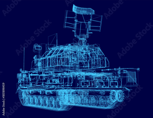 A detailed blueprint of a military tank, featuring its tracks, turret, and an integrated anti-aircraft missile system on a solid blue background.