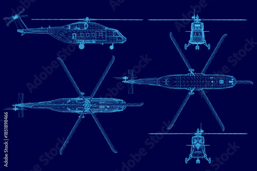 Blueprint wireframe illustration of four military helicopters on a blue background, detailing rotor systems and airframe structure.