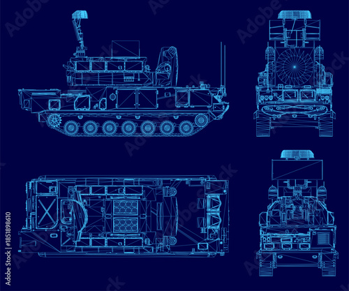 A detailed blueprint of a military anti-aircraft missile system tank, featuring its complex internal mechanics and armored design on a solid blue technical background.