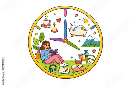 Female relaxing with self-care activities: reading, bathing, and peaceful environment