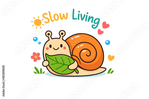 Cute cartoon snail embracing slow living with leaf and colorful elements