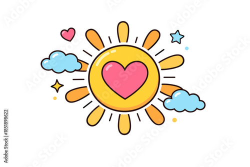 Colorful sun with heart and clouds cartoon art