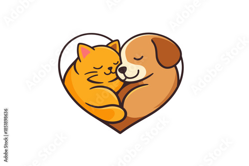 Adorable cat and dog cuddling in heart-shaped embrace