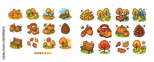Autumn elements collection: leaves, pumpkins, acorns, trees, and