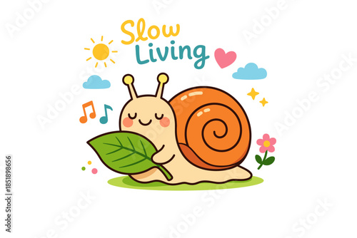 Cute snail embracing slow living with leaf and colorful elements