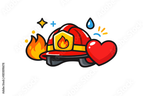 Firefighter helmet with heart and flame - cartoon hero symbol