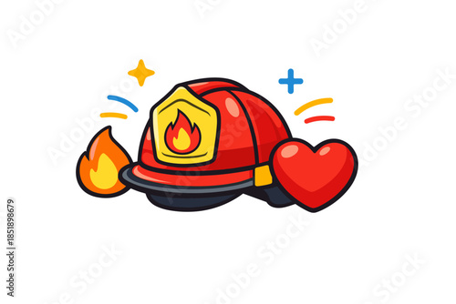 Red firefighter helmet with flame and heart icons on white background