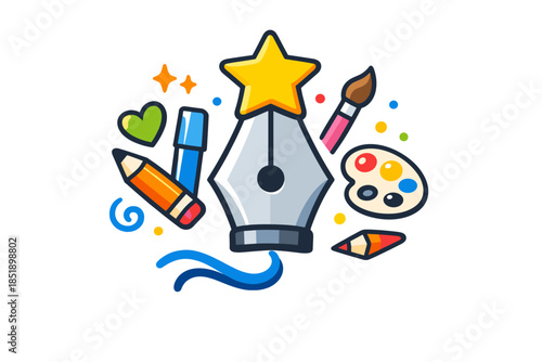 Creative art tools featuring pens, pencils, palette, and brush with star design