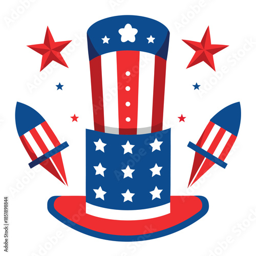 Festive patriotic design with a white border, featuring stars and stripes in red, white, and blue for American holidays.