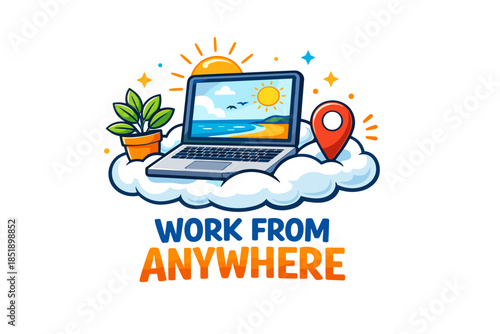 Remote work freedom: laptop, sun, and cloud with location marker