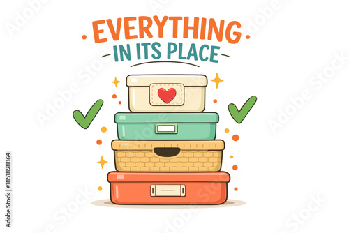 Stacked storage boxes with heart decoration and check marks for organization