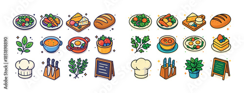Colorful food icons: salad, cheese, bread, soup, eggs, herbs, ba