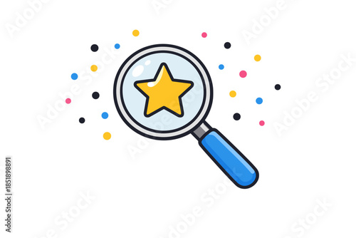 Magnifying glass with star icon and colorful dots on white background
